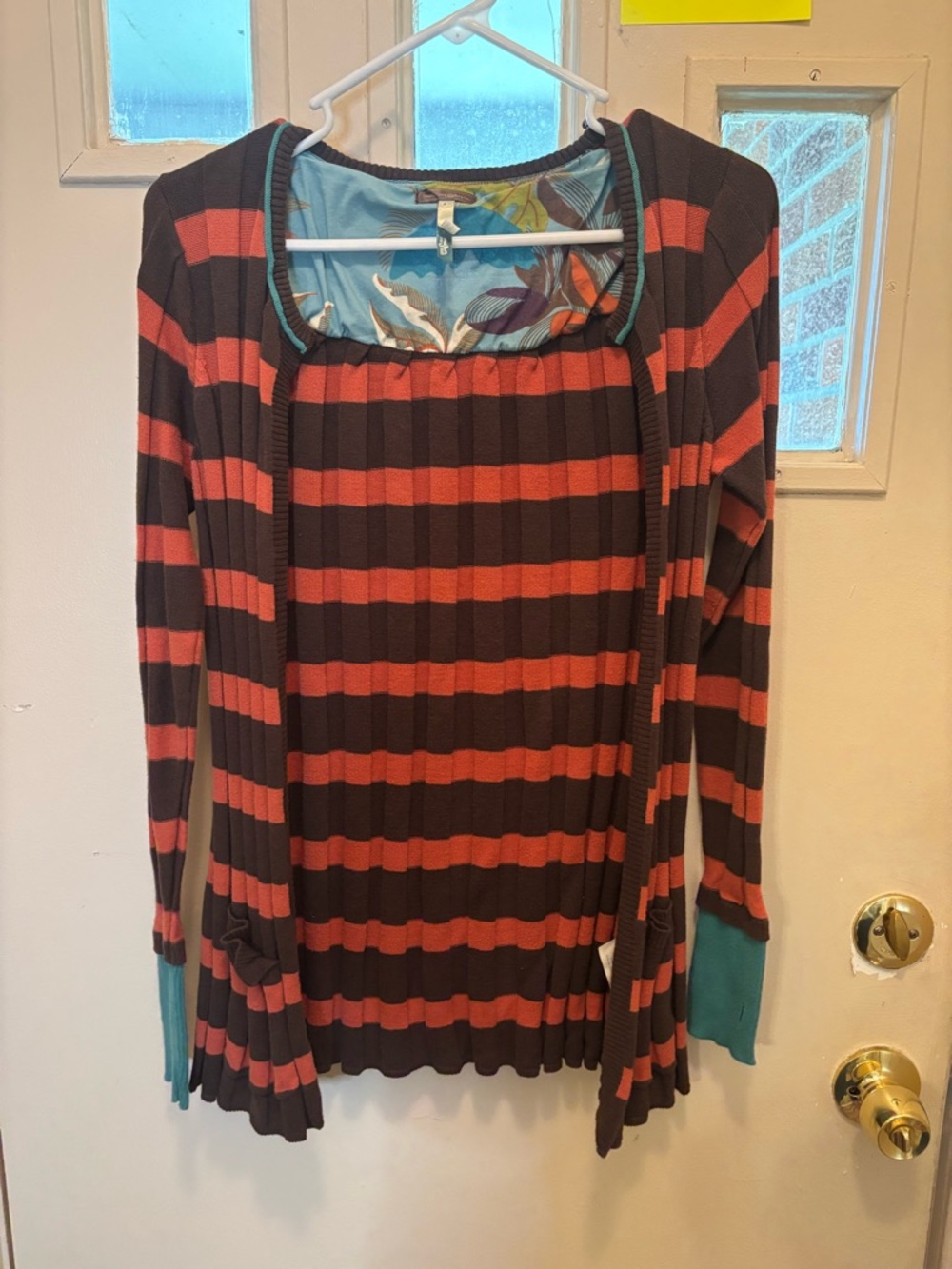 Matilda Jane Rust and Brown Striped Ribbed Scoop Neck cardigan with Teal Trim